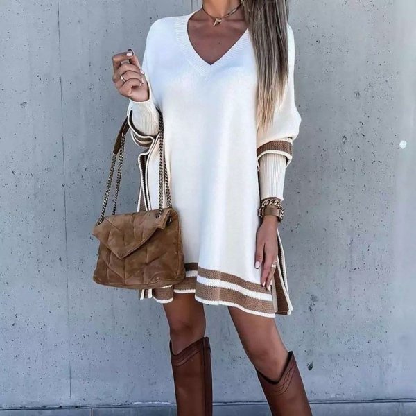 Vintage Print V-Neck Mini Sweater Dress