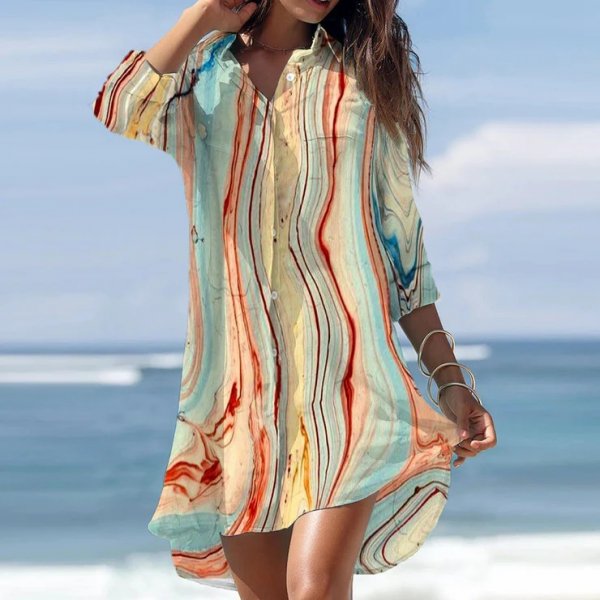 Stylish Collared Print 3/4 Sleeve Mini Dress